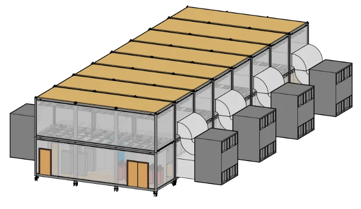 3D view of a 1 MW air-cooled C-CUBE data center: 16 main modules on two levels, with four cooling units connected by air ducts