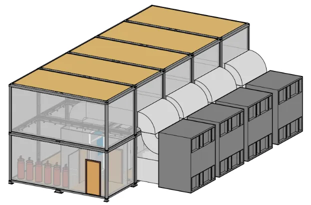 3D view of a 1 MW AI C-CUBE data center with liquid and air cooling: 10 main modules on two levels, with four cooling units connected by air ducts