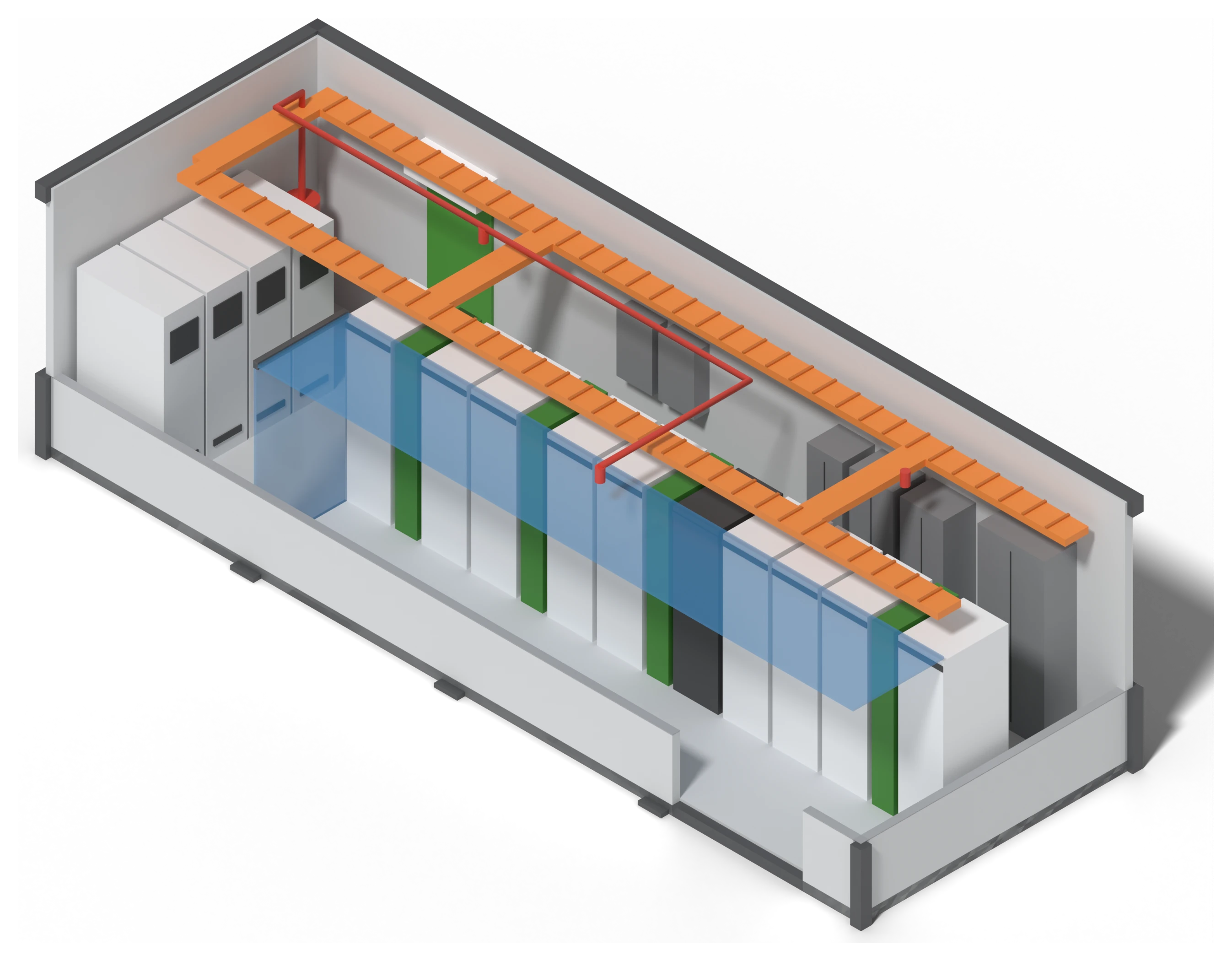 3D section view of the C-CUBE 100 kW all-in-one data center: IT racks with in-row cooling units, UPS and batteries, electrical panels, cable trays, and fire suppression system