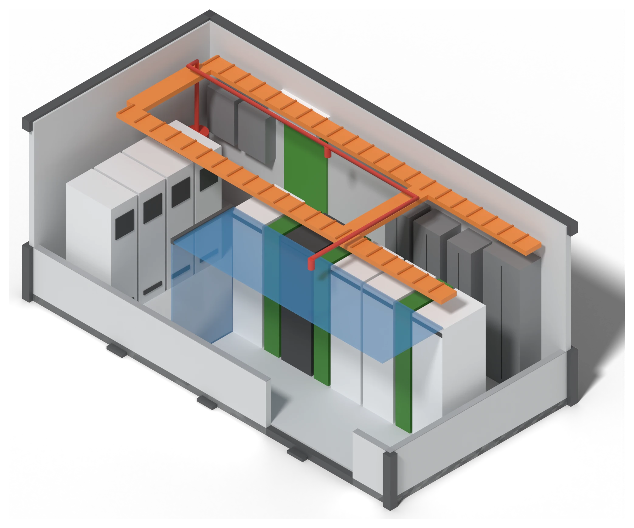 3D section view of the C-CUBE 50 kW all-in-one data center: IT racks with in-row cooling units, UPS and batteries, electrical panels, cable trays, and fire suppression system