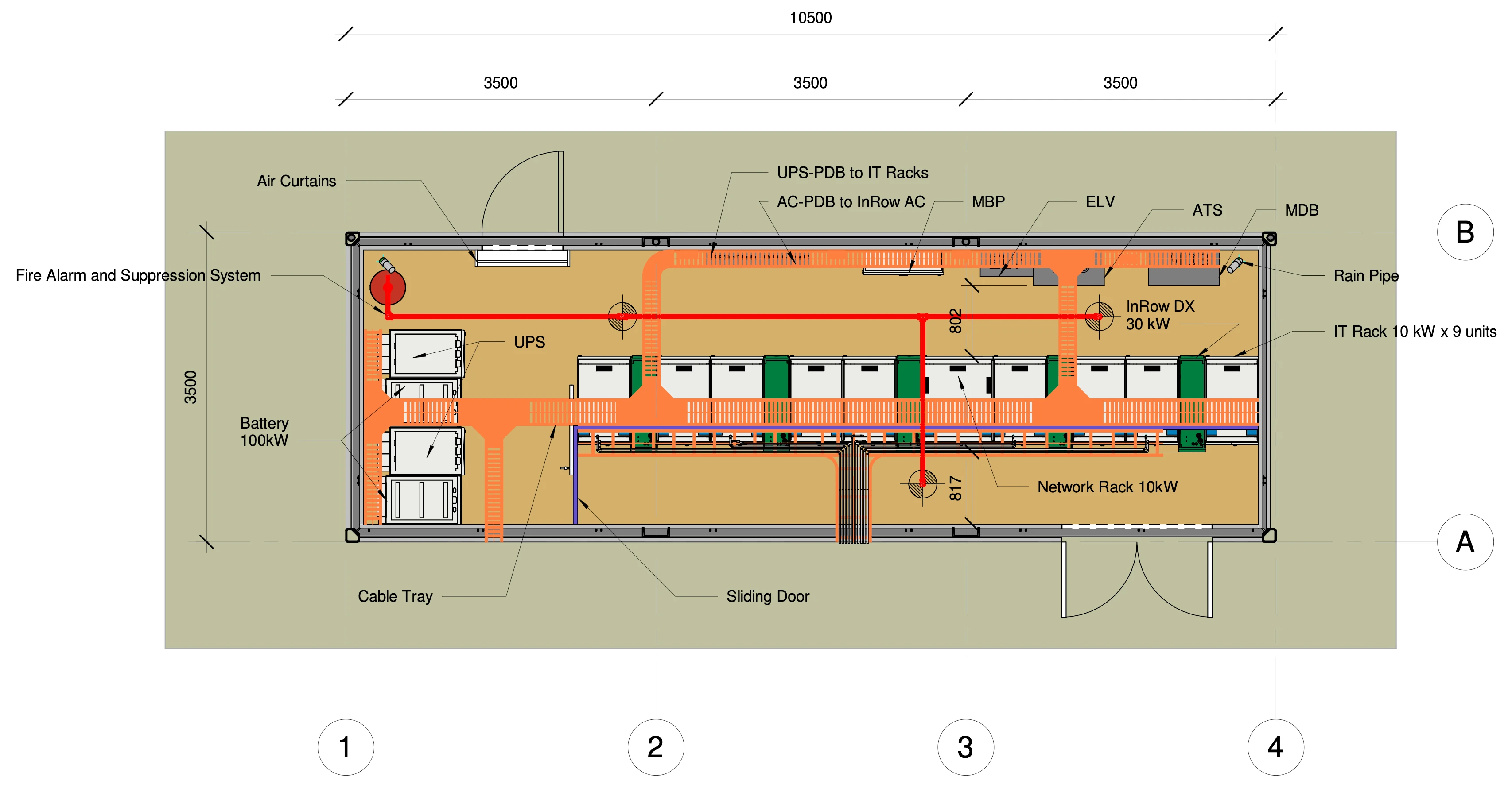 2D floor plan of the C-CUBE 100 kW all-in-one data center module, 10.5 m by 3.5 m, at 1:50