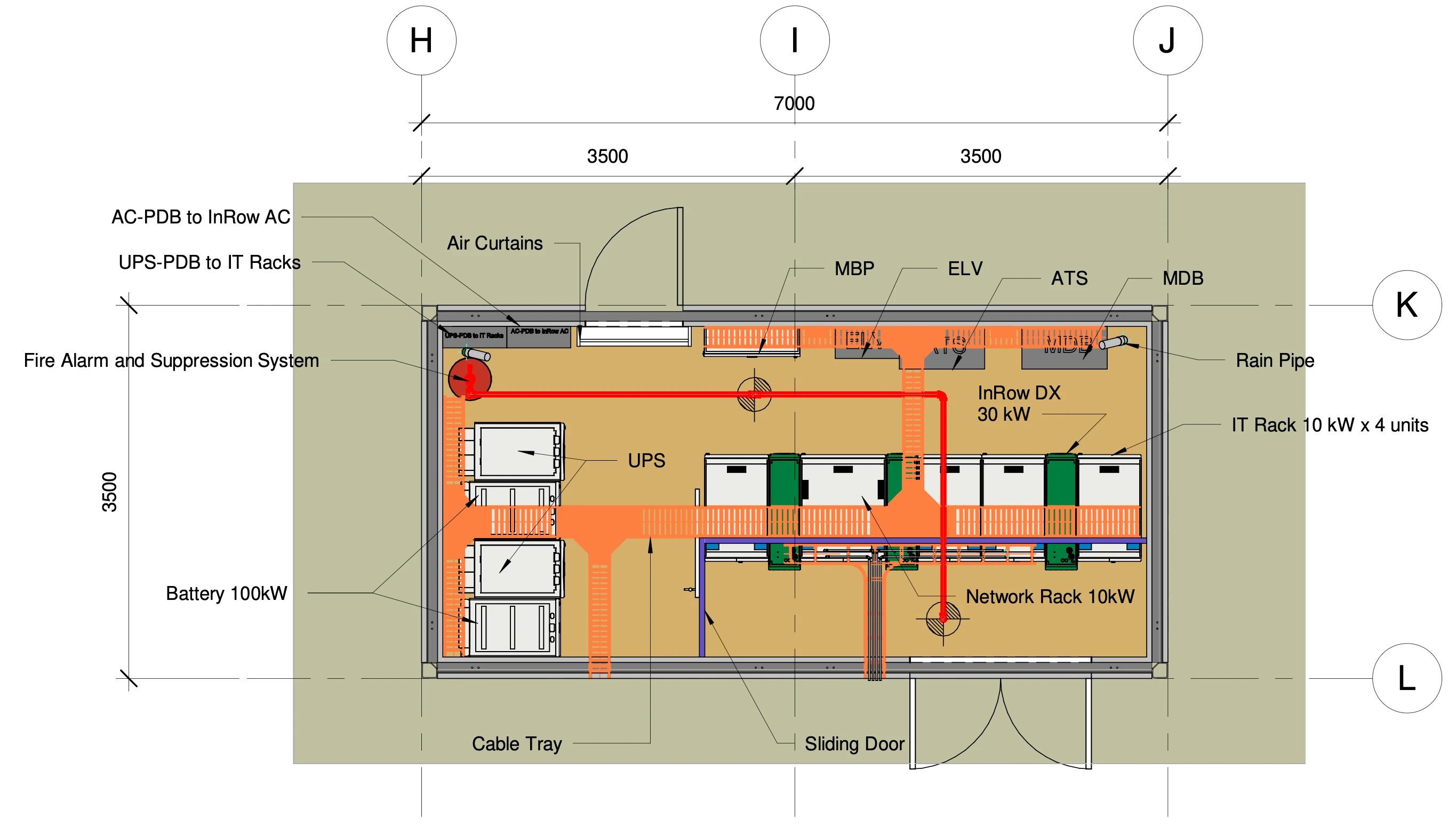 2D floor plan of the C-CUBE 50 kW all-in-one data center module, 7 m by 3.5 m, at 1:50