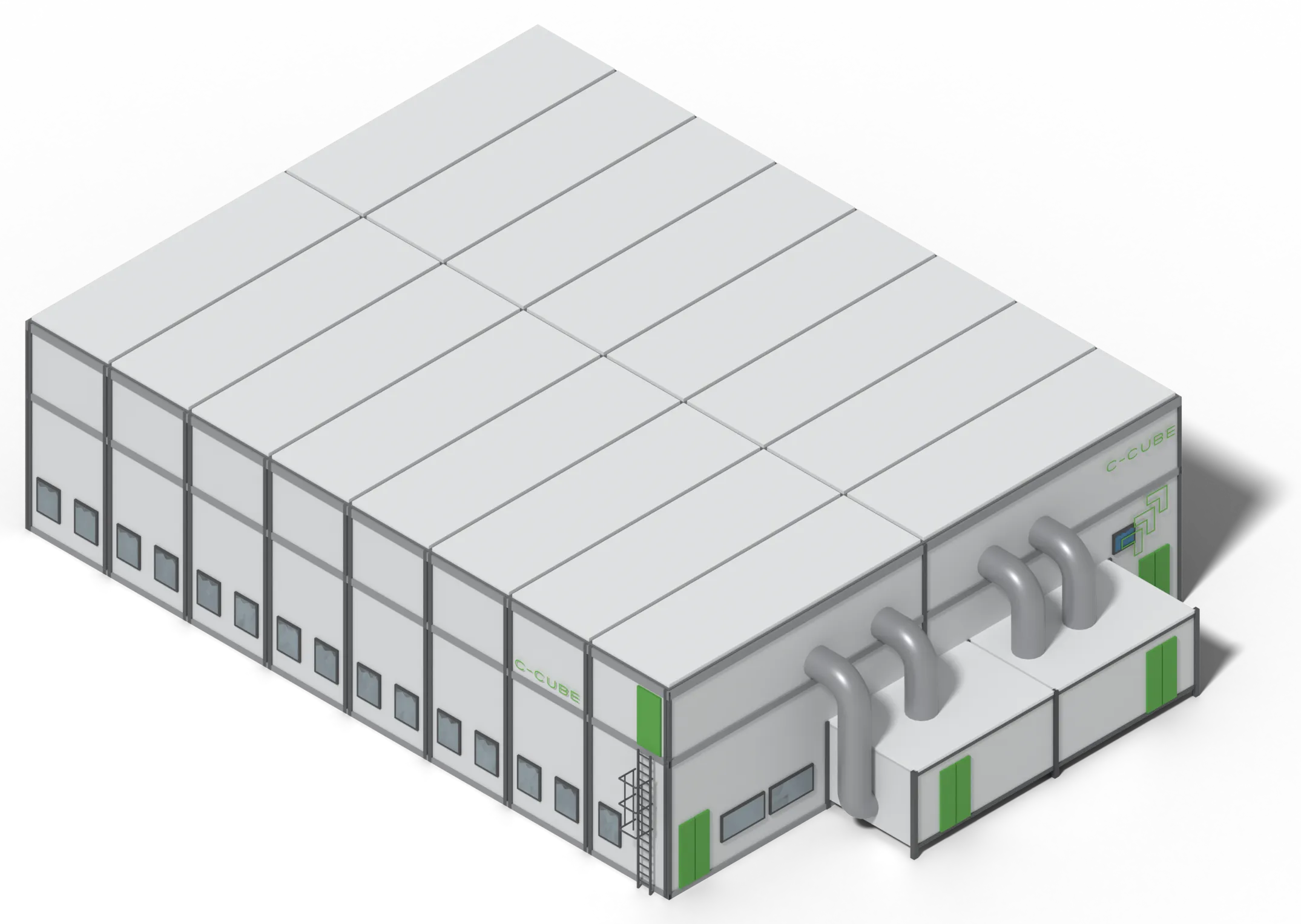 High-level 3D view of a facility built with the C-CUBE large modular concept and installed outside: modules side by side on two levels, with a side annex fed by four air ducts