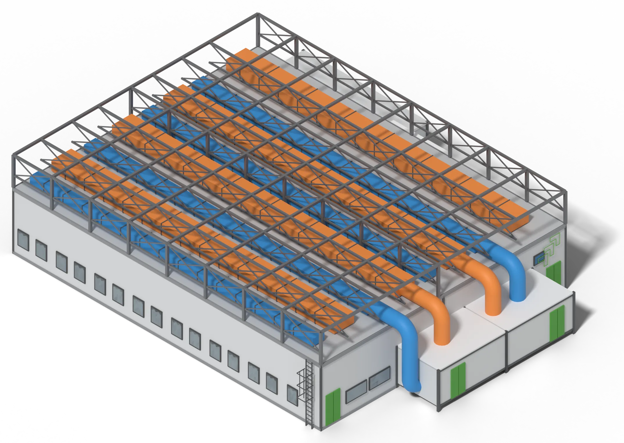 The same modular facility installed inside an existing building, without its own roof: steel frame of the technical level and rows of supply and return air ducts